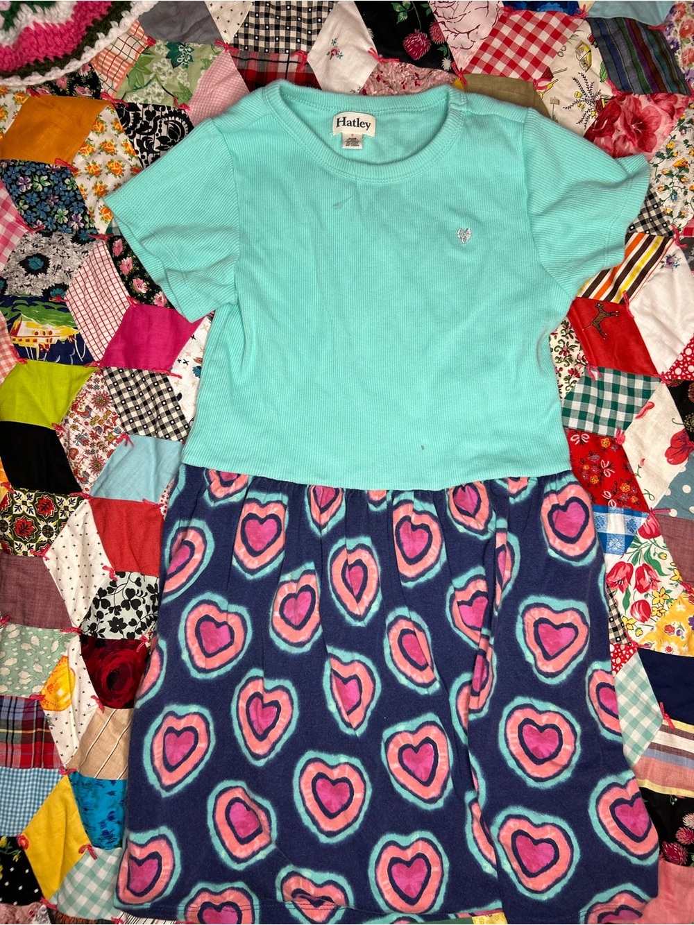 Hatley Aqua Top with Navy and Pink Heart Skirt
